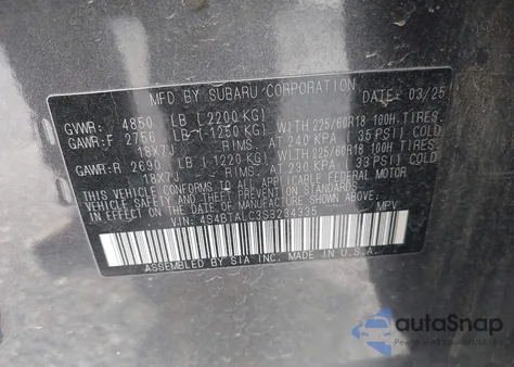 2025 Subaru Outback Onyx Edition from USA, damaged, VIN 4S4BTALC3S3234335